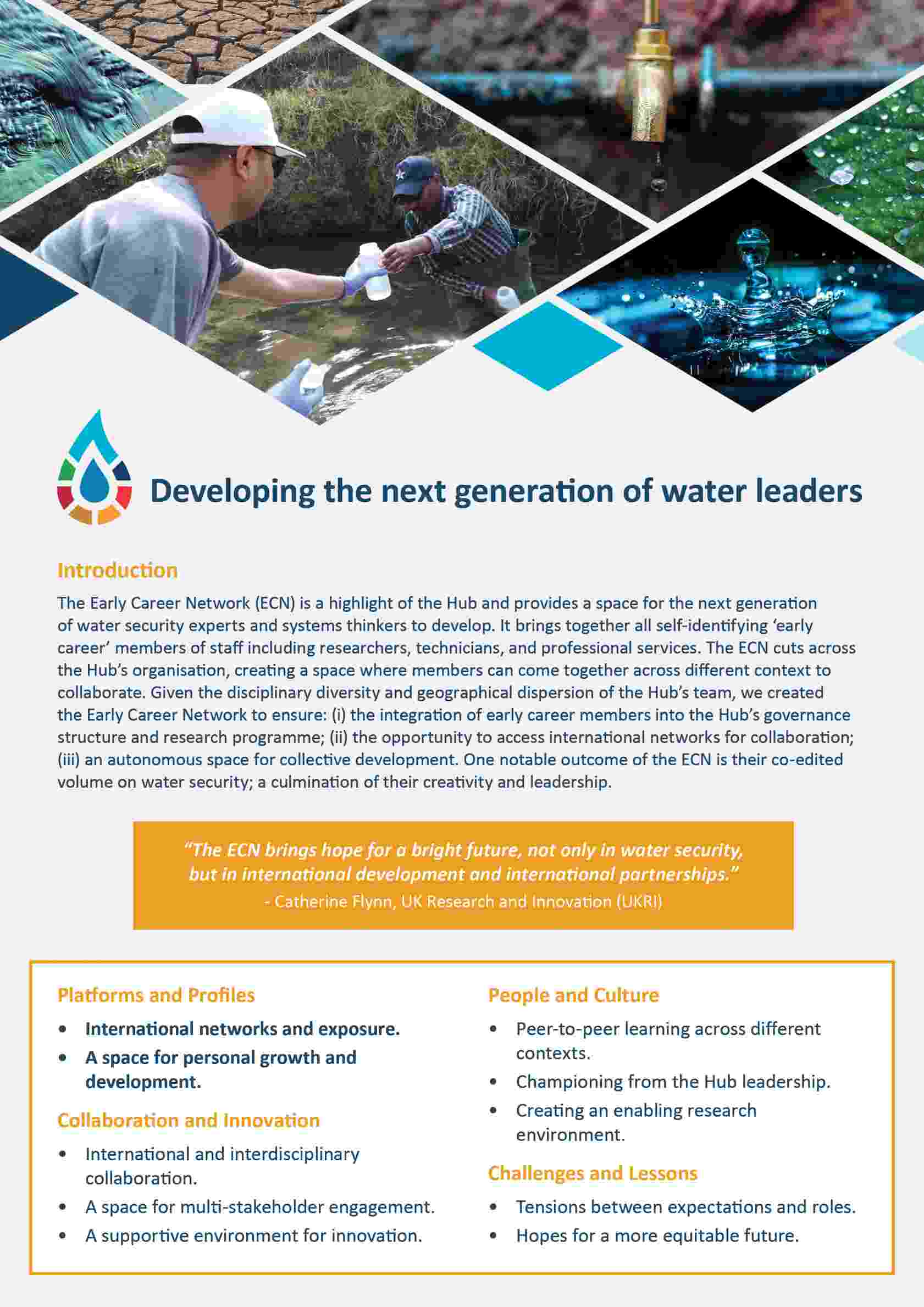 Image of document front cover with text 'Developing the next generation of water leaders'